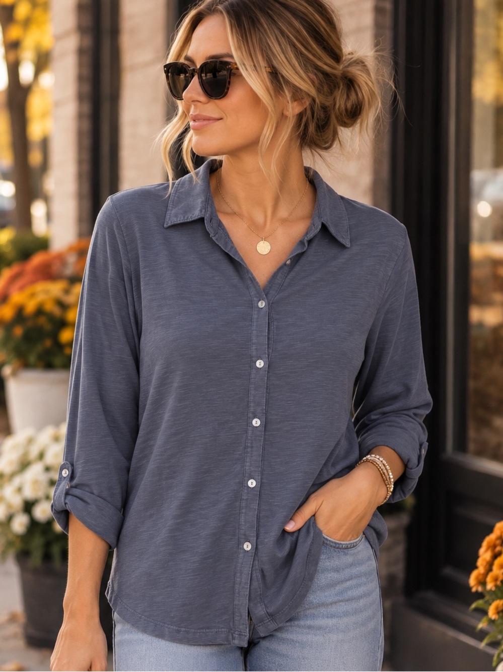 J.Jill Blue Slub Knit Button Front Shirt Women’s M Roll Tab Long Sleeve